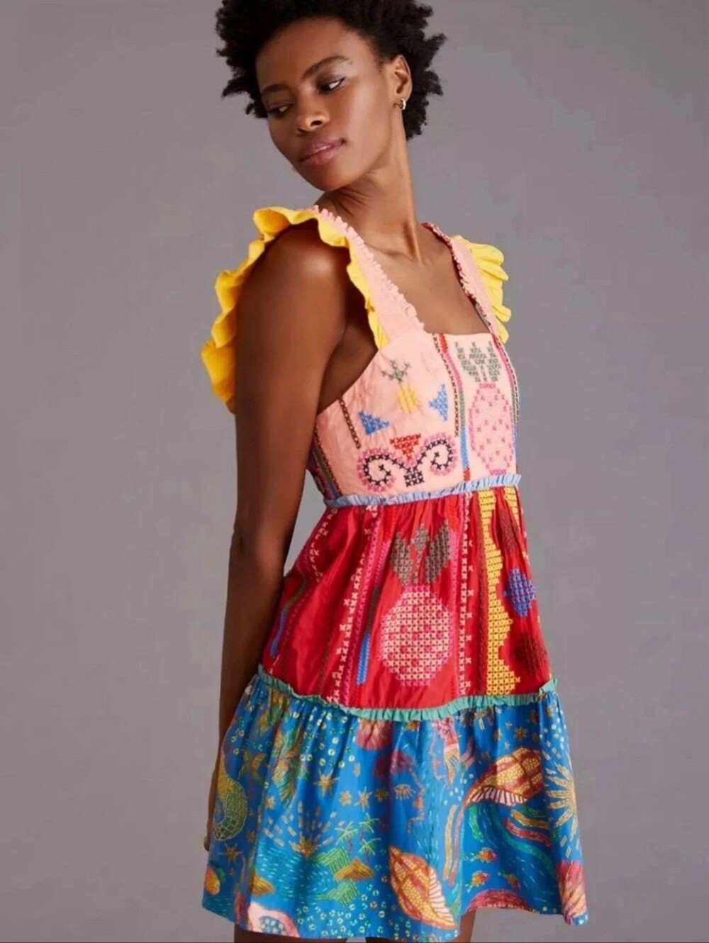 Farm Rio Colorblock Embroidered Mini Dress Multi Color Medium